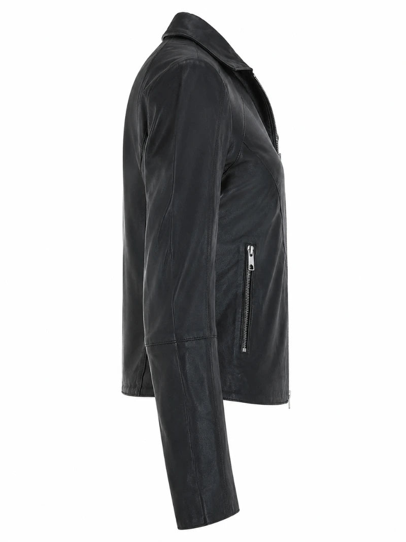 Women's Lapel Collar Black Leather Jacket Right 