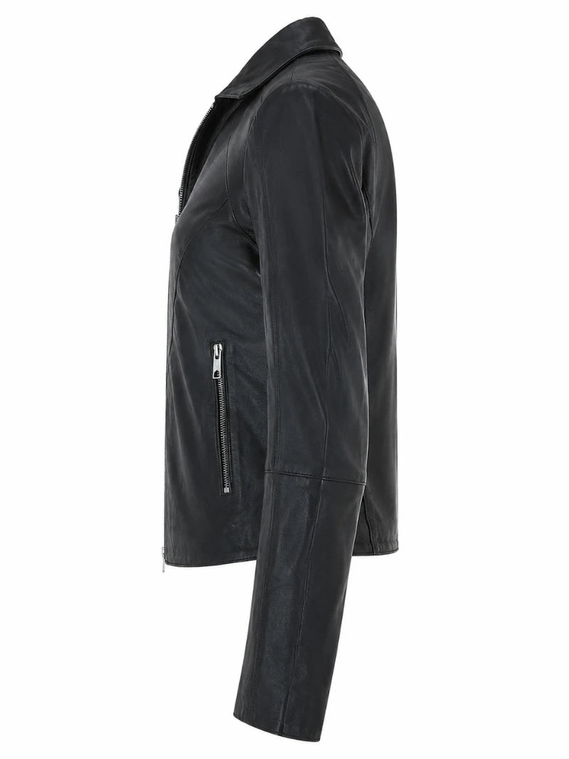Women's Lapel Collar Black Leather Jacket Left 