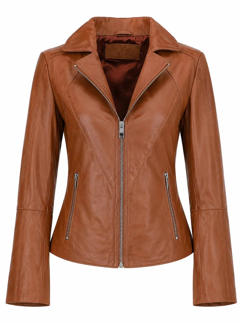 Women's Lapel Collar Tan Leather Jacket Front 