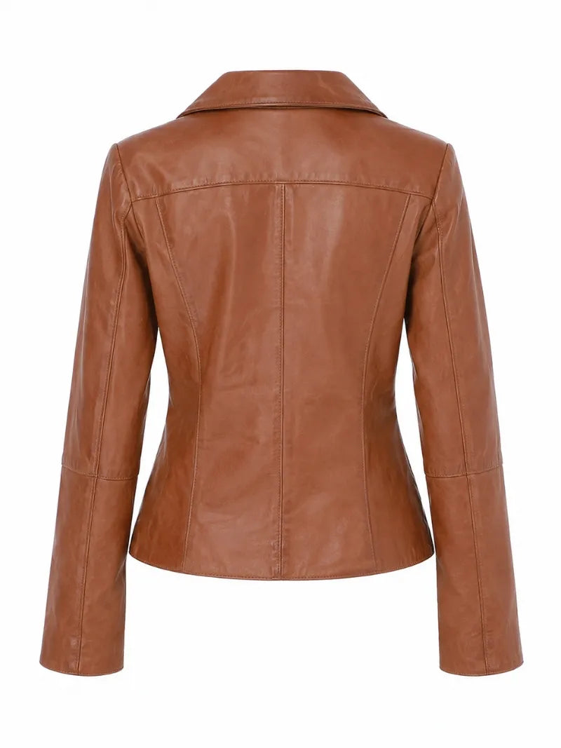 Women's Lapel Collar Tan Leather Jacket Back 