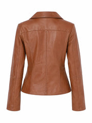 Women's Lapel Collar Tan Leather Jacket Back 