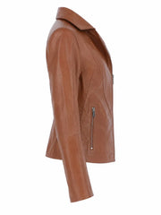 Women's Lapel Collar Tan Leather Jacket Right 