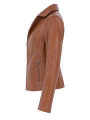 Women's Lapel Collar Tan Leather Jacket Left 