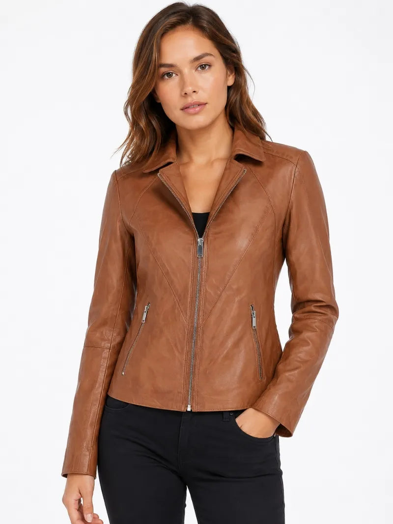 Women's Lapel Collar Tan Leather Jacket Full