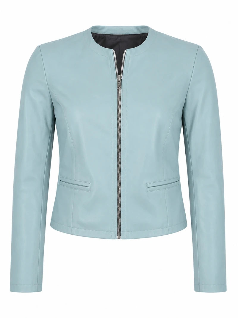 Women's Light Blue Leather Jacket Front 