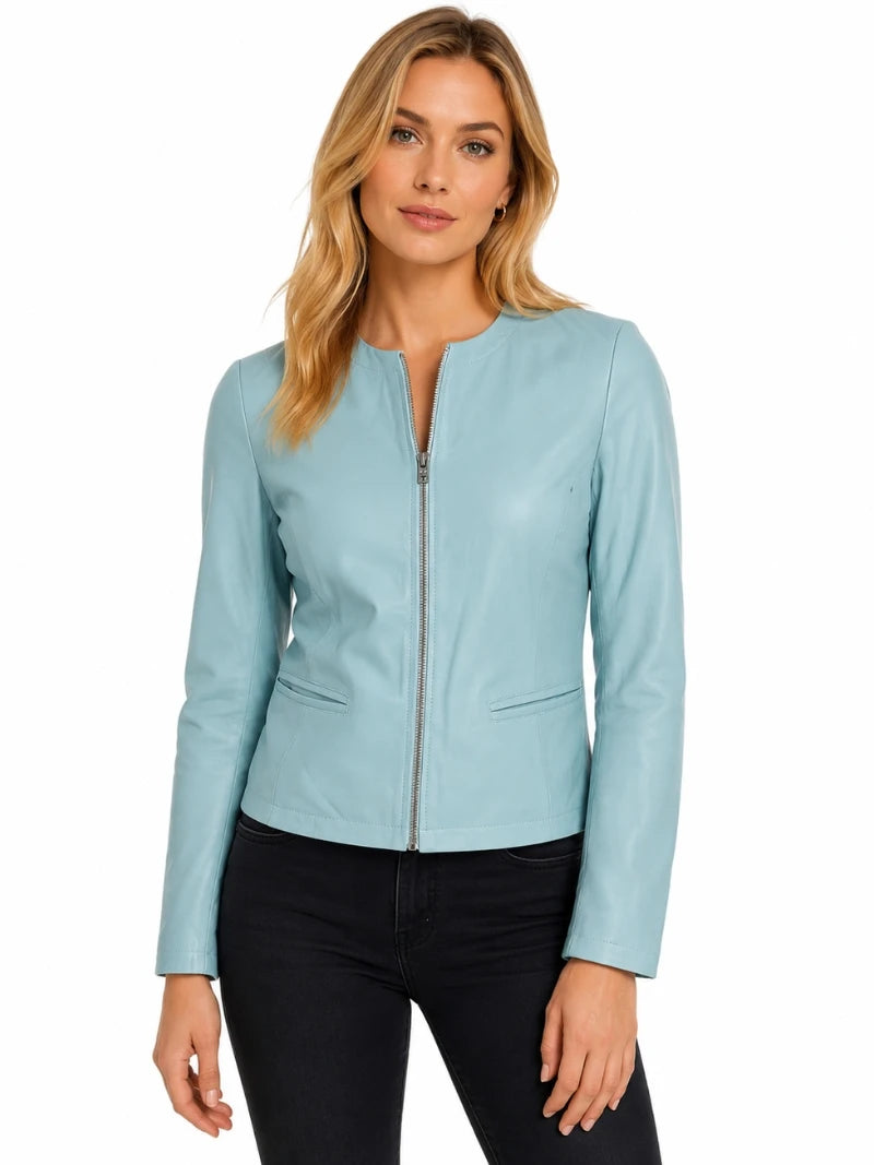 Women's Light Blue Leather Jacket Full