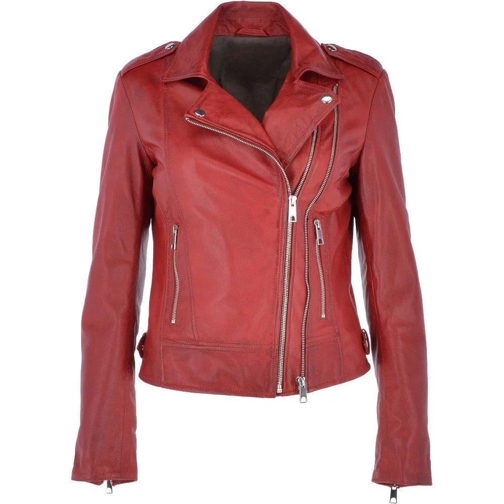 Women's Red Leather Asymmetrical Zip Jacket