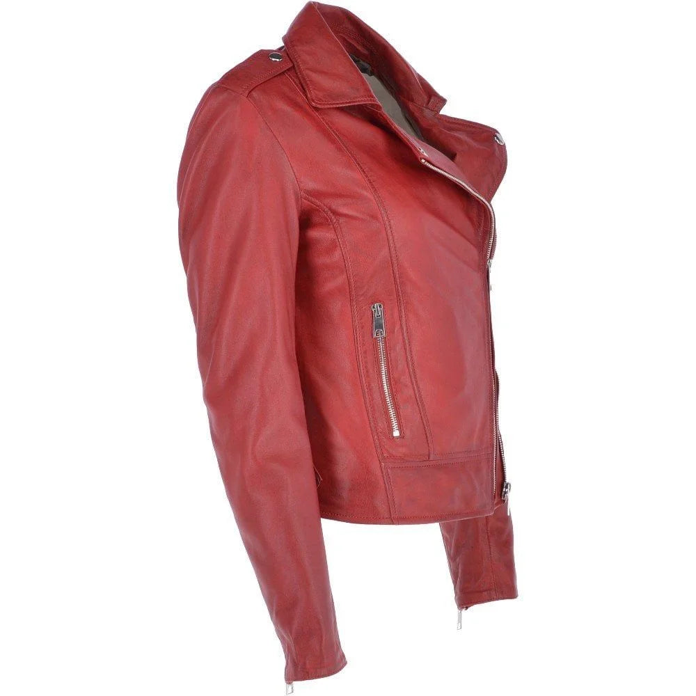 Women's Red Leather Asymmetrical Zip Jacket