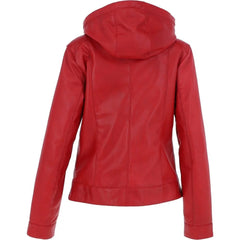 Women's Red Hooded Leather Jacket