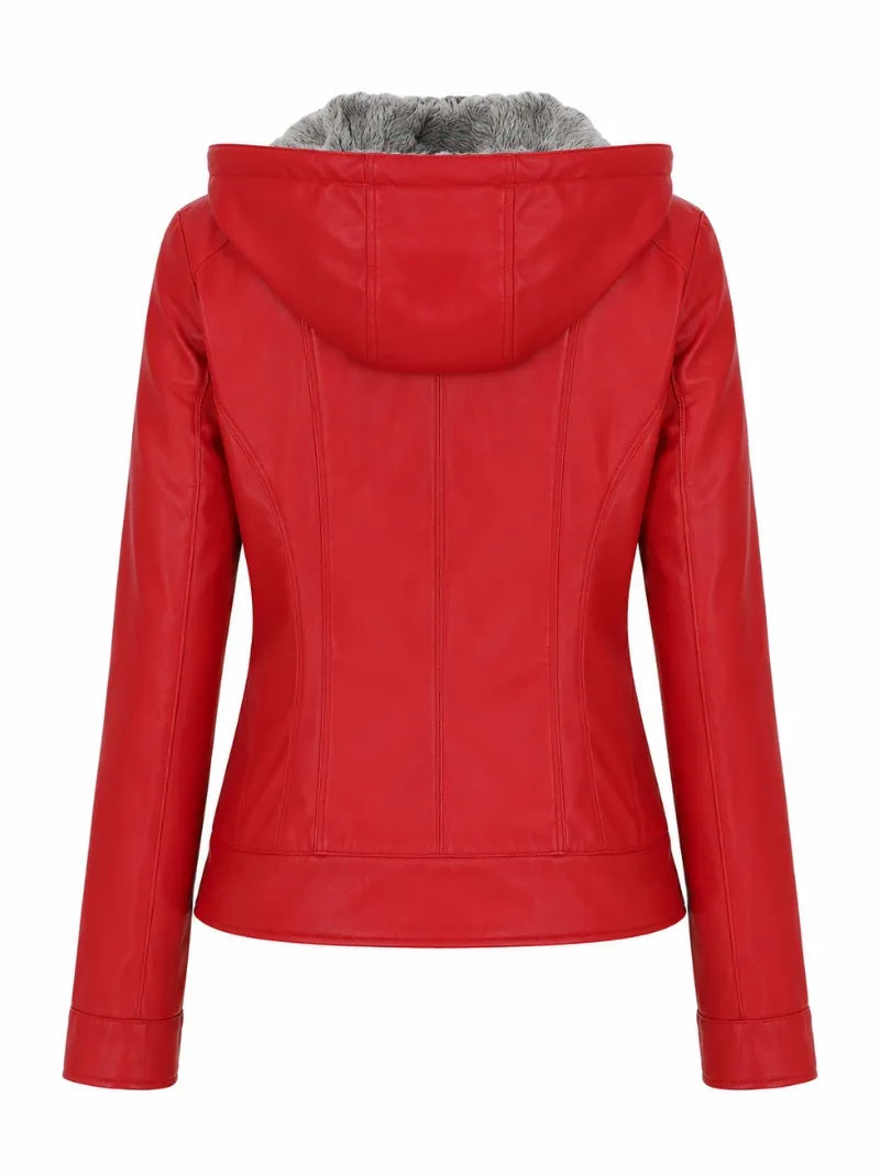 Women's Red Hooded Leather Jacket Back 