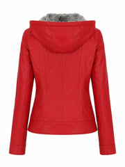 Women's Red Hooded Leather Jacket Back 