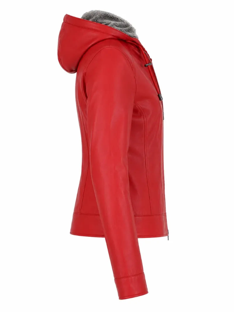Women's Red Hooded Leather Jacket Right 