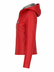 Women's Red Hooded Leather Jacket Left 