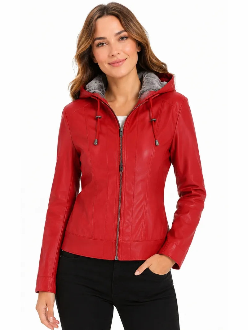 Women's Red Hooded Leather Jacket Full