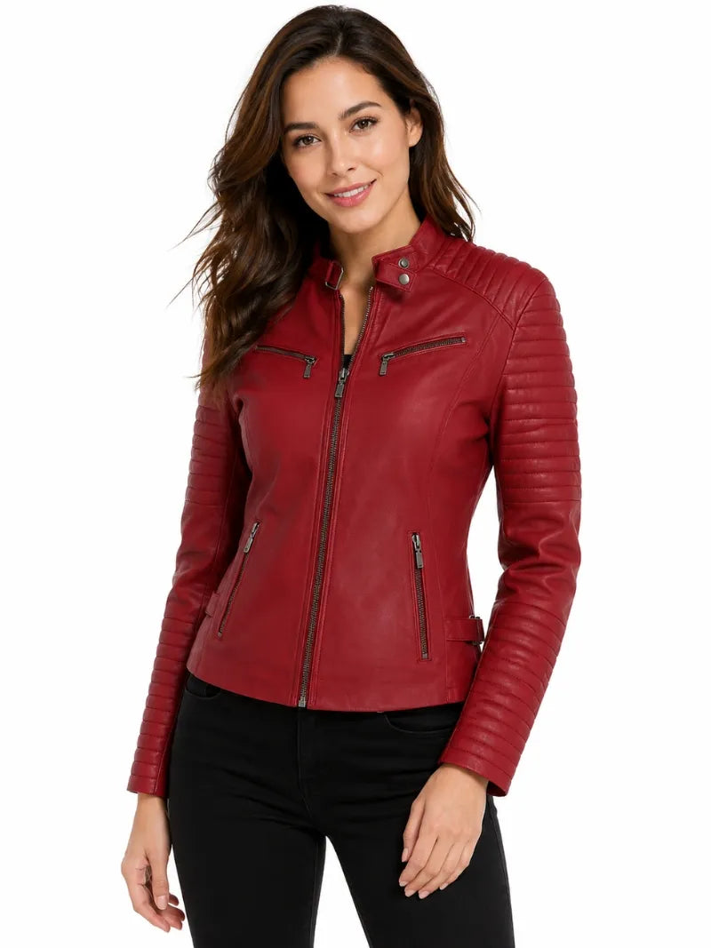Women's Red Leather Jacket, closure detail