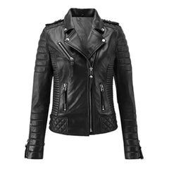 Women's Black Leather Asymmetrical Quilted Jacket