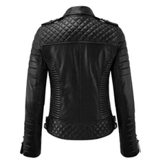 Women's Black Leather Asymmetrical Quilted Jacket