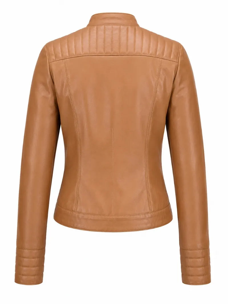 Women's Tan Quilted Details Leather Jacket Back 