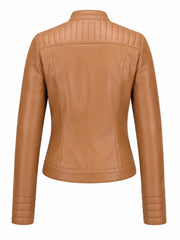 Women's Tan Quilted Details Leather Jacket Back 