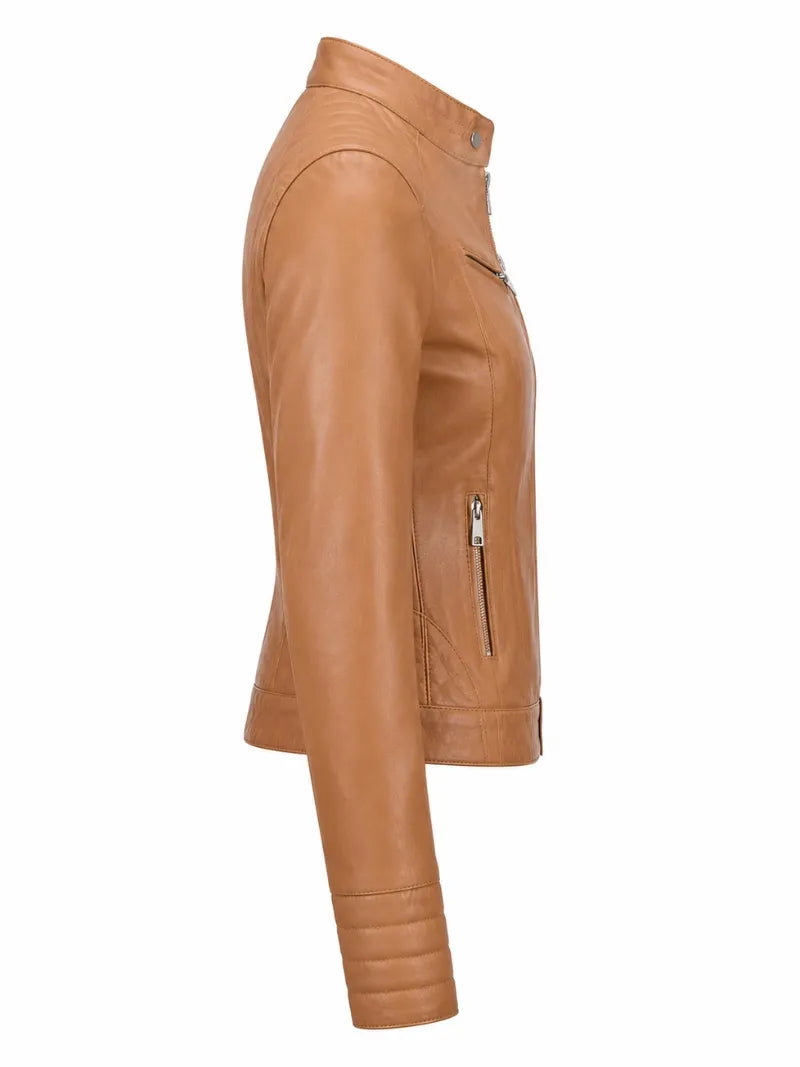 Women's Tan Quilted Details Leather Jacket Right 