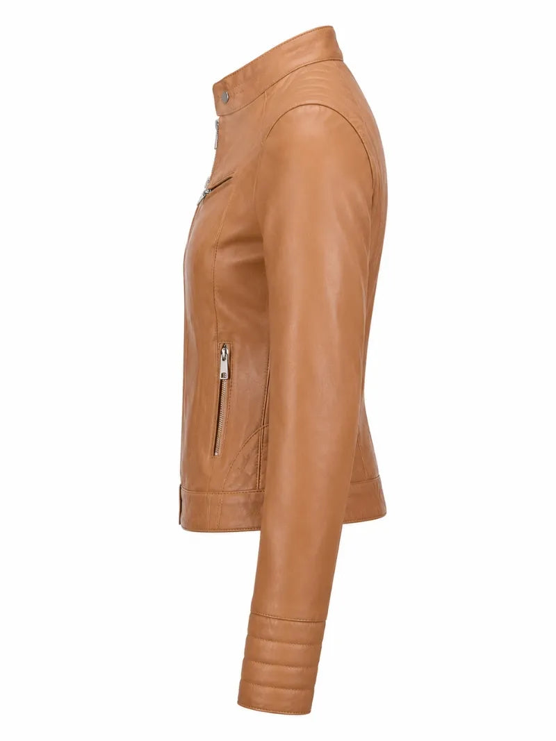 Women's Tan Quilted Details Leather Jacket Left 