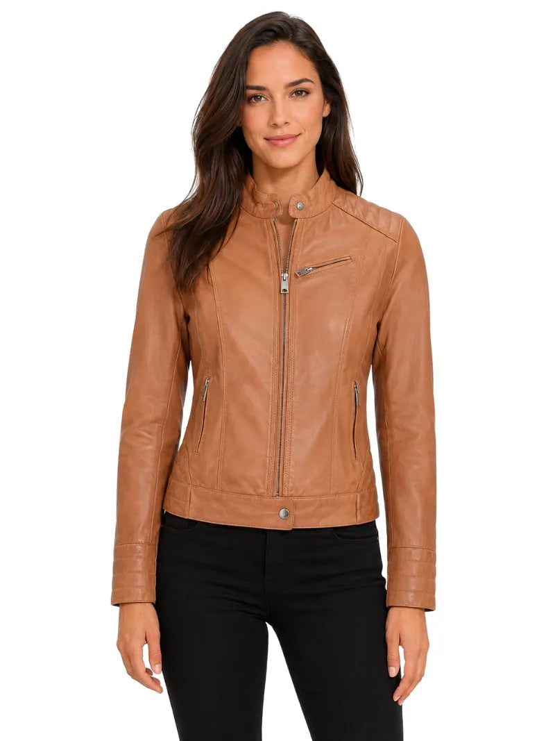Women's Tan Quilted Details Leather Jacket Full