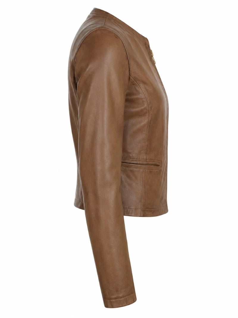 Women's Tan Sleek Design Leather Jacket Right 