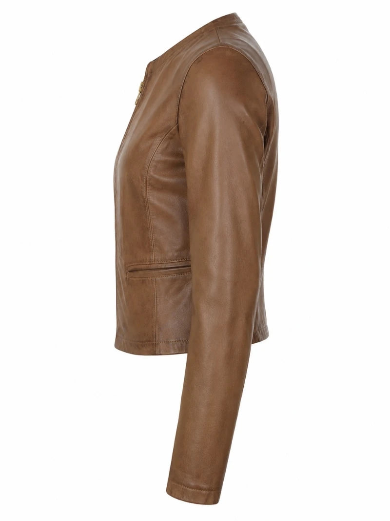 Women's Tan Sleek Design Leather Jacket Left