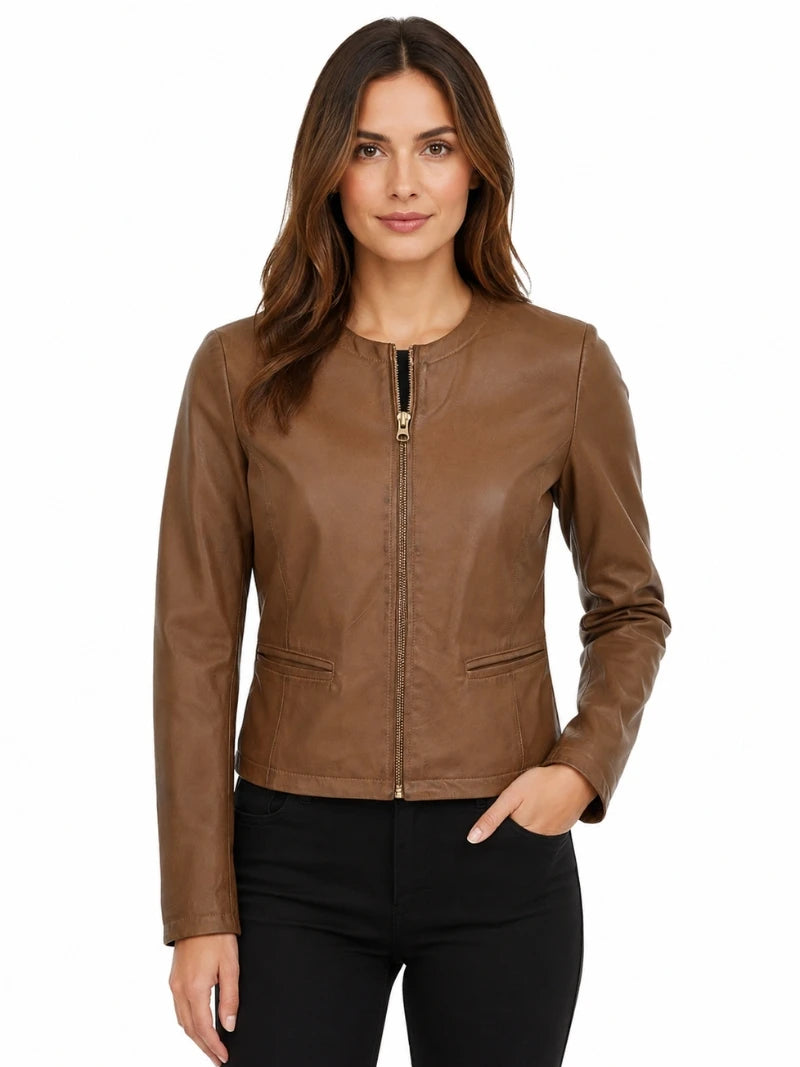 Women's Tan Sleek Design Leather Jacket Full