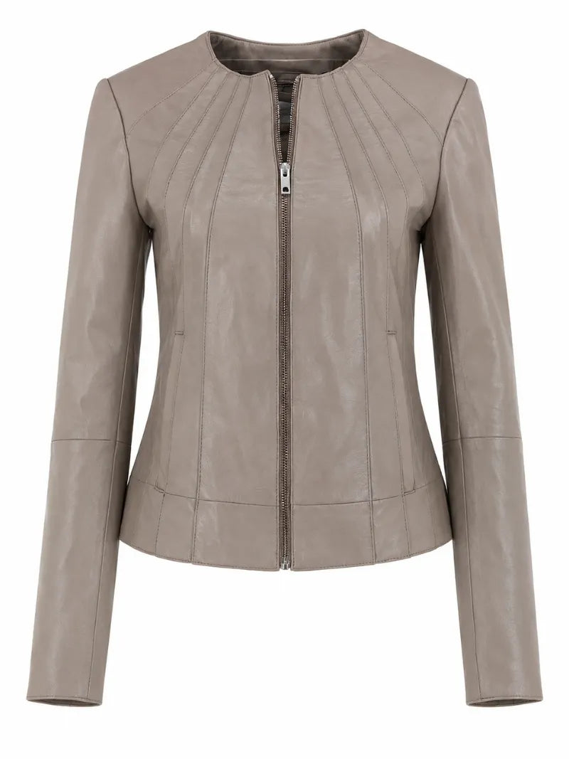Women's Taupe Leather Zip-Up Jacket Front 