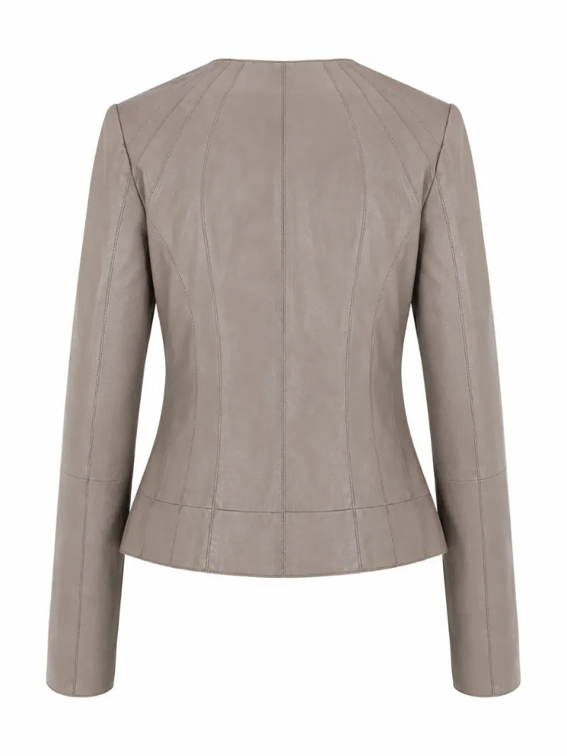 Women's Taupe Leather Zip-Up Jacket Back 