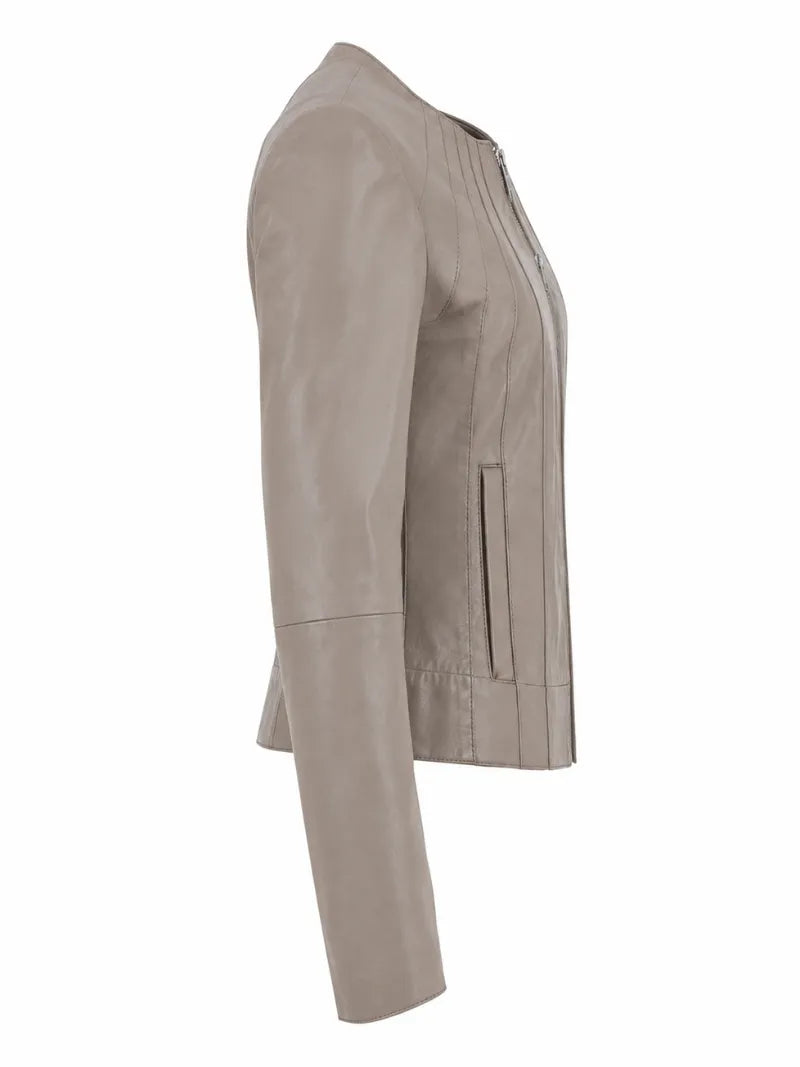 Women's Taupe Leather Zip-Up Jacket Right 