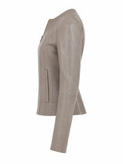 Women's Taupe Leather Zip-Up Jacket Left 