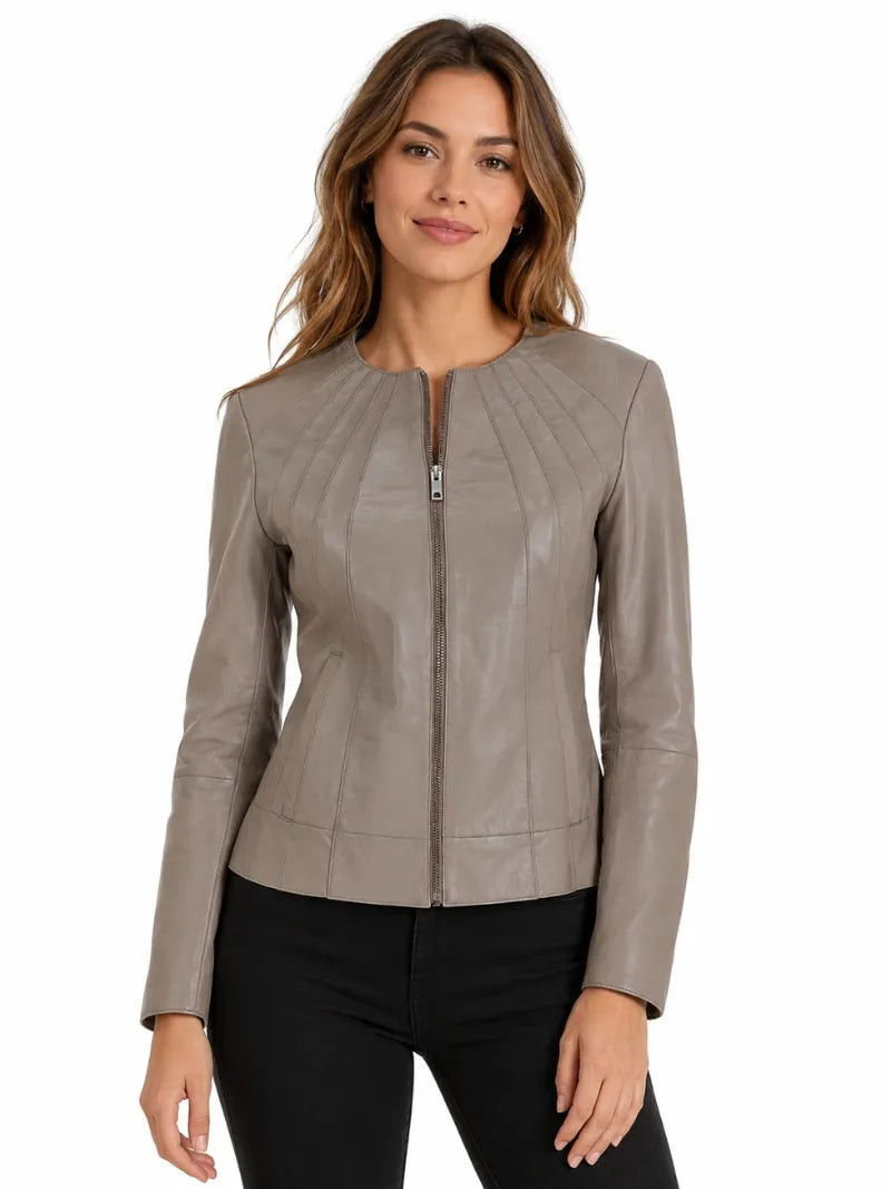 Women's Taupe Leather Zip-Up Jacket Full