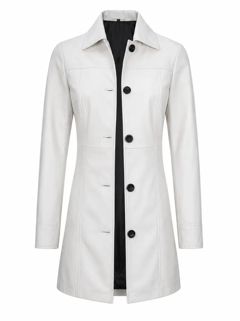 Women's White Leather Trench Coat Front 