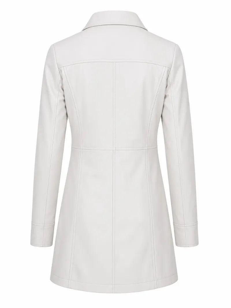 Women's White Leather Trench Coat Back 