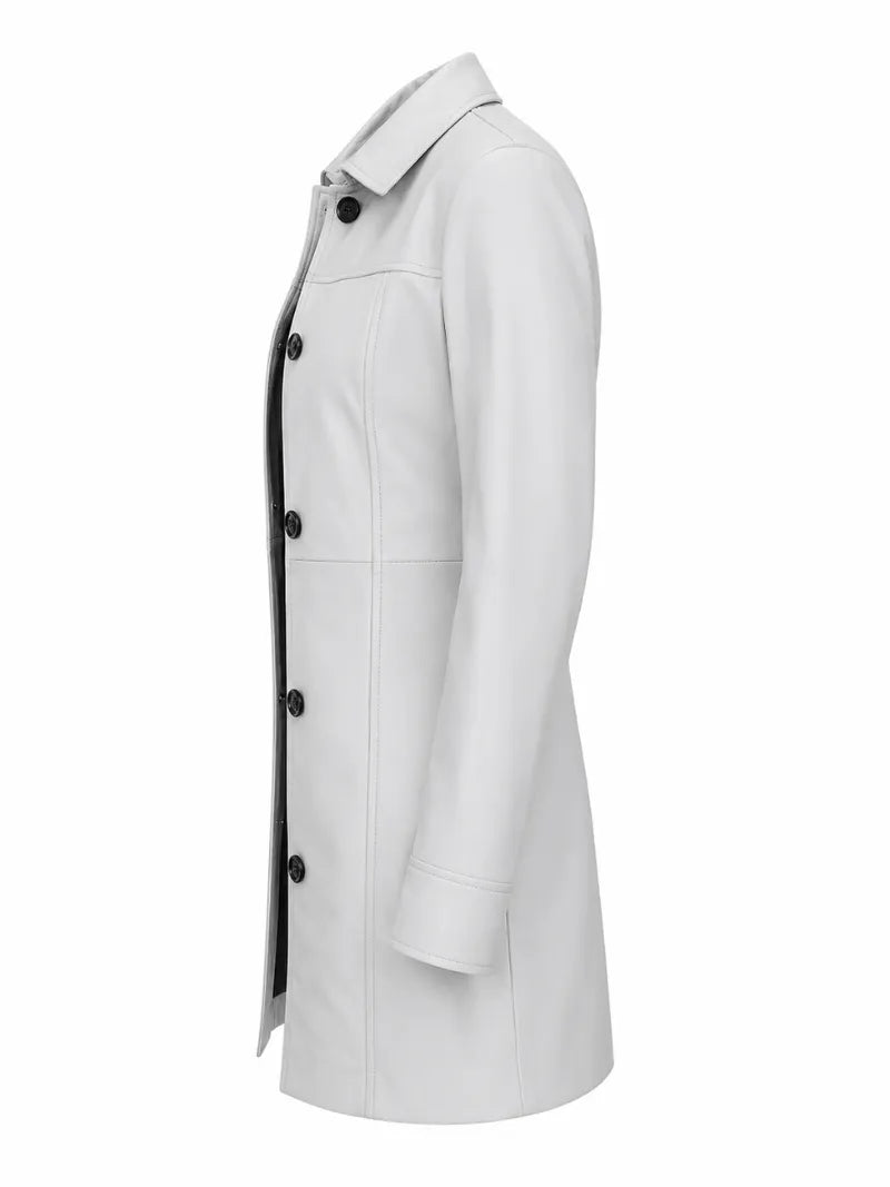 Women's White Leather Trench Coat Left 