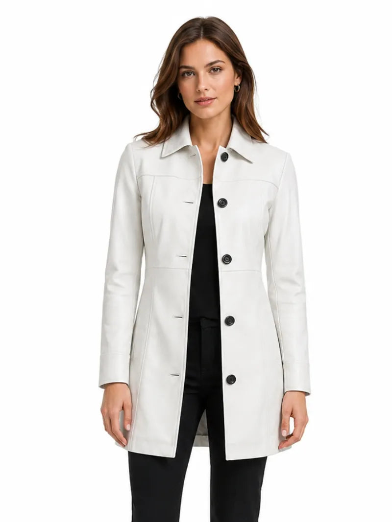 Women's White Leather Trench Coat Full