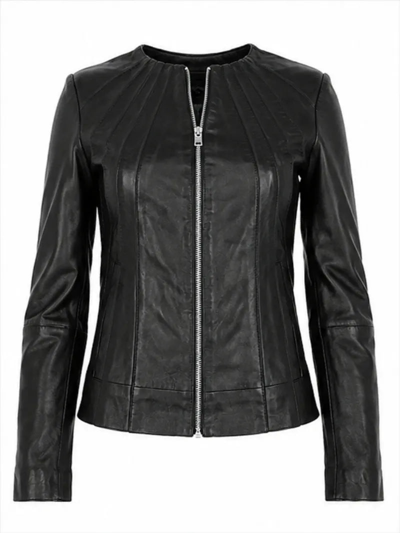 Women's Zipper Black Leather Jacket Front 