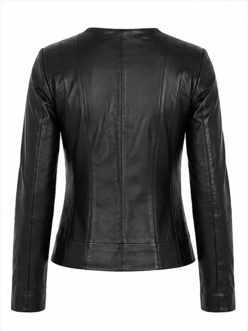 Women's Zipper Black Leather Jacket Back 