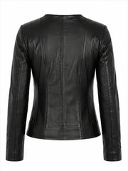 Women's Zipper Black Leather Jacket Back 