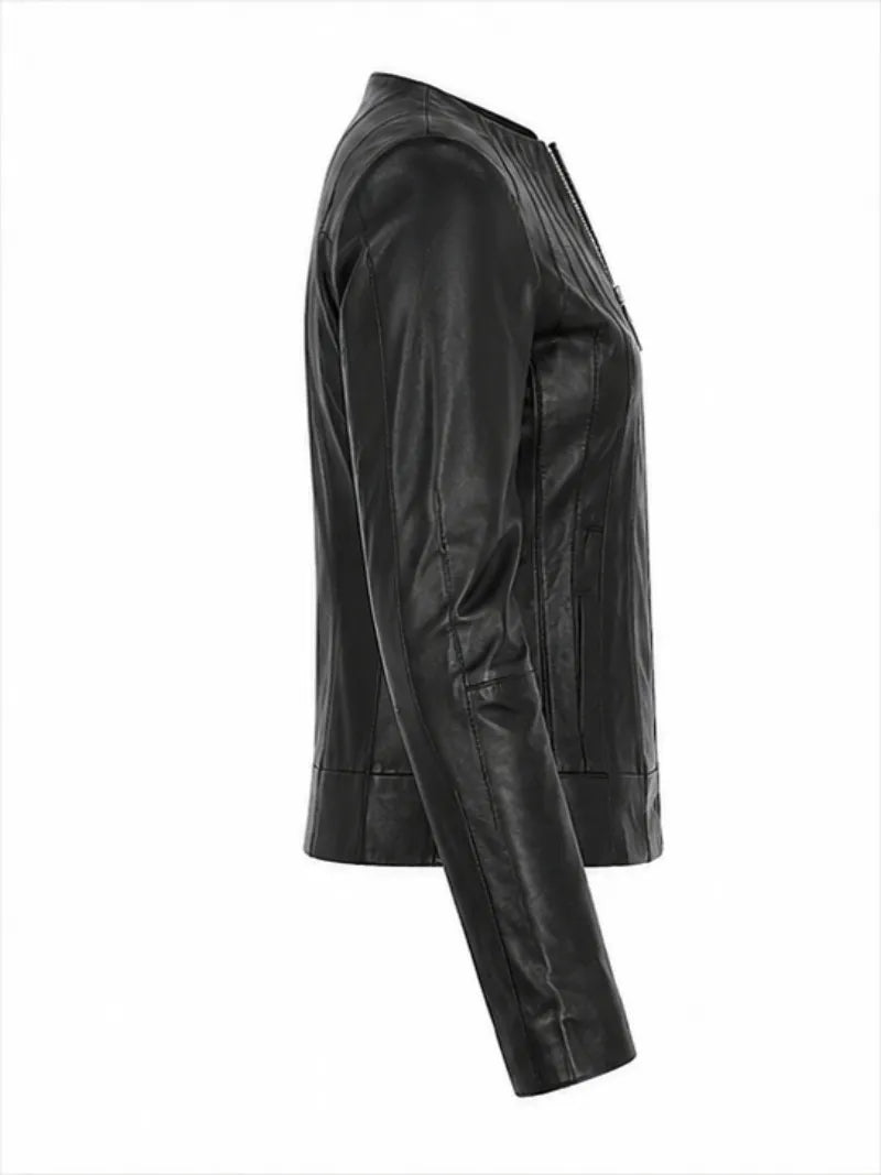 Women's Zipper Black Leather Jacket Right 