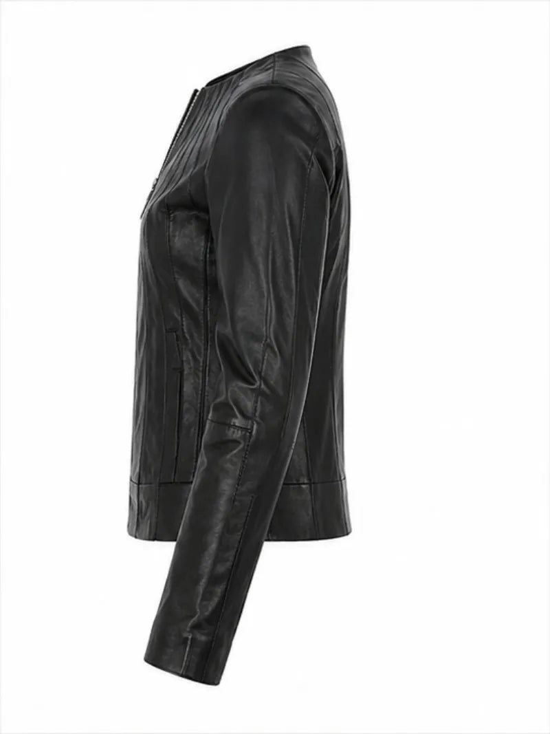 Women's Zipper Black Leather Jacket Left 