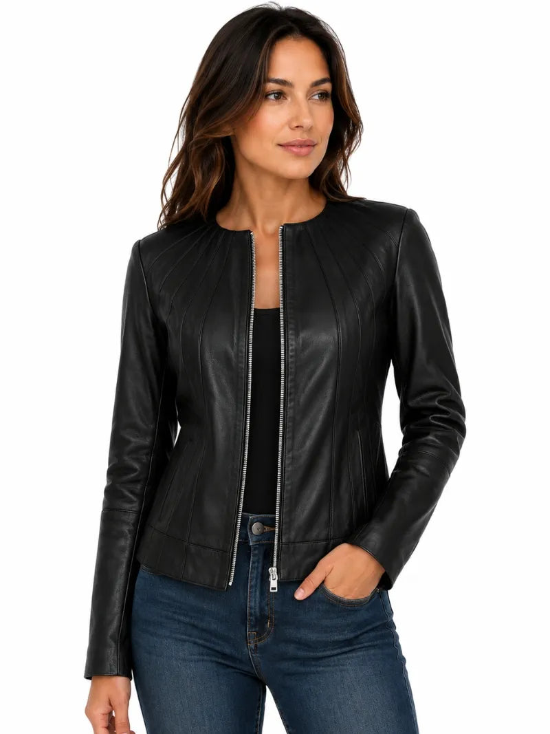 Women's Zipper Black Leather Jacket Full