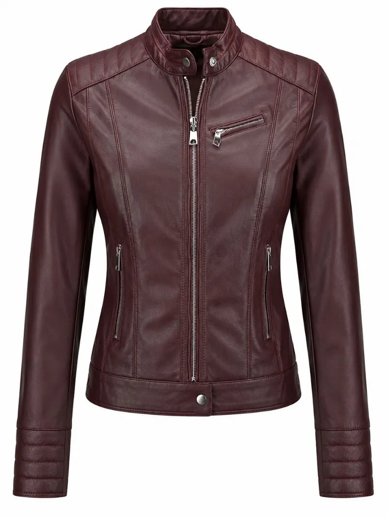 Women's Zippered Accents Burgundy Leather Jacket Front 