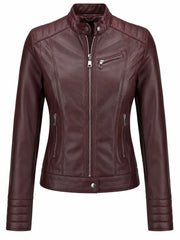 Women's Zippered Accents Burgundy Leather Jacket Front 