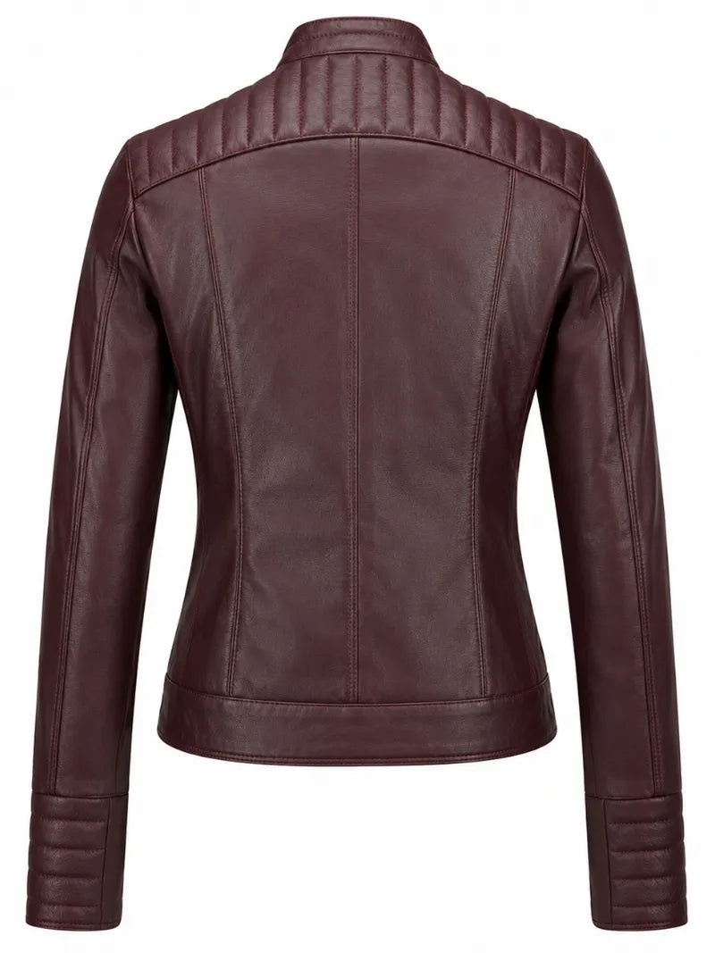 Women's Zippered Accents Burgundy Leather Jacket Back 