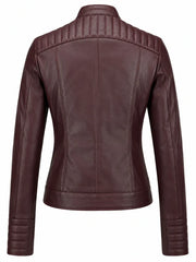 Women's Zippered Accents Burgundy Leather Jacket Back 