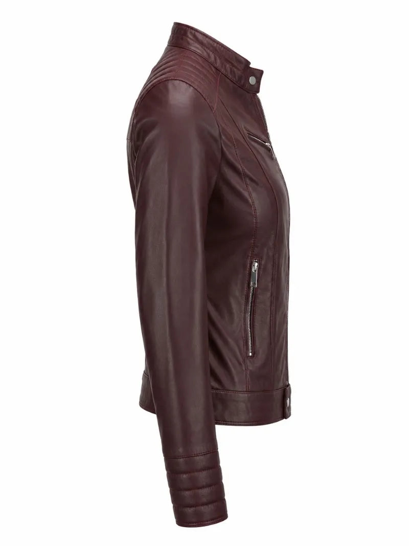 Women's Zippered Accents Burgundy Leather Jacket Right 