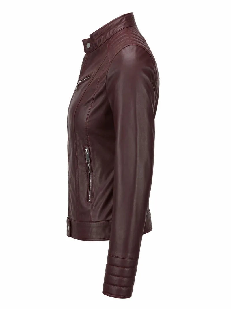Women's Zippered Accents Burgundy Leather Jacket Left 